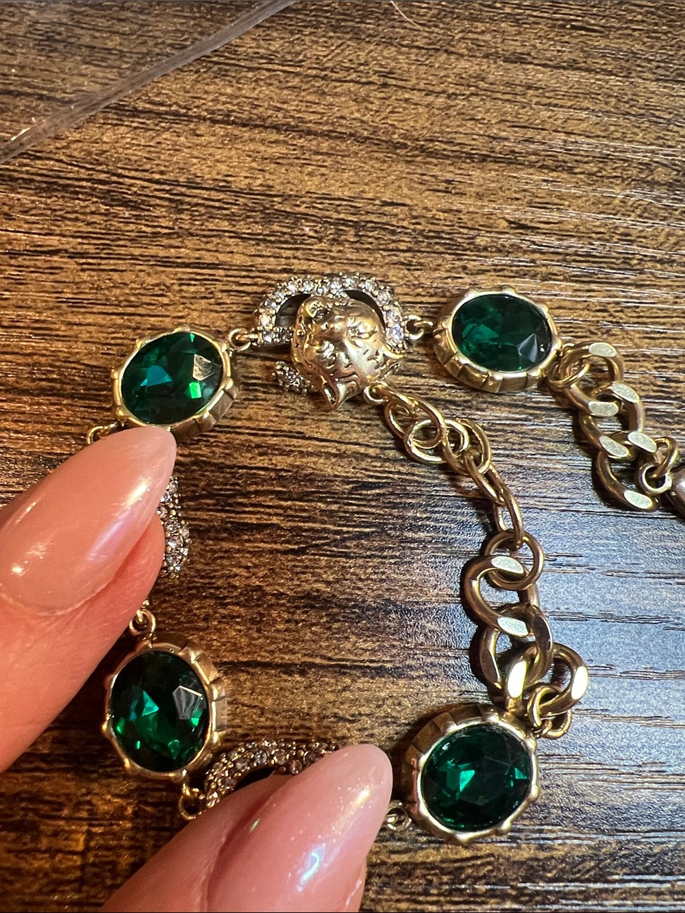 Gold-Tone Bracelet with Emerald Green Stones-Fashion Inspired/Upcycled